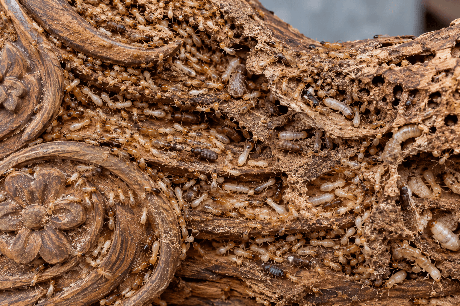 Wood borers feeding in damaged timber